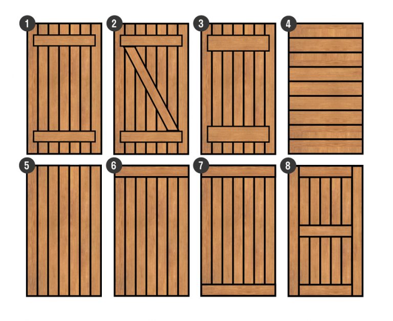 Variations de volets en bois de Volets Guignard, numérotées de 1 à 8.