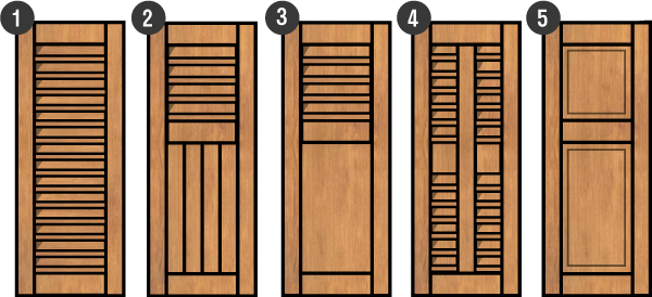 Cinq modèles de volets en bois par Volets Guignard, numérotés de 1 à 5.